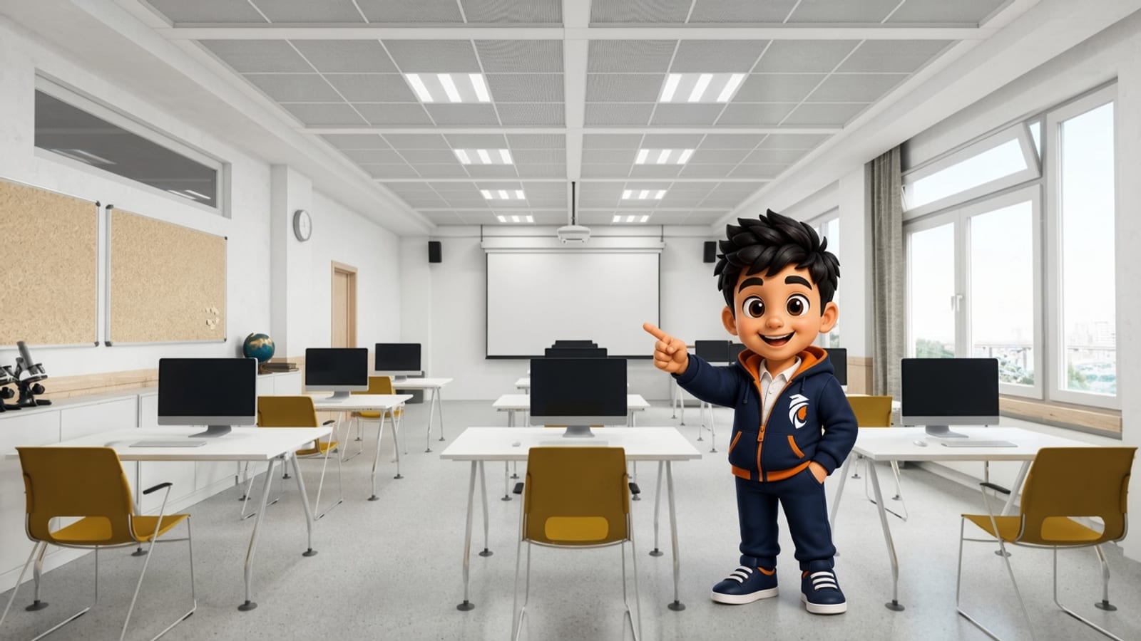 Kidu standing on the classroom floor, pointing toward the School ERP headline