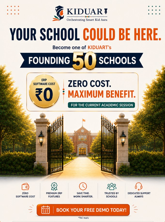 KIDUART Founding 50 Schools poster: school ERP software at zero cost, book a free demo