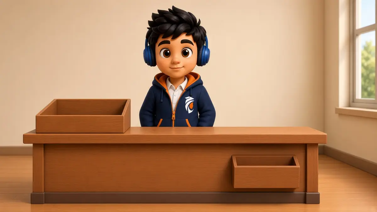Kidu behind the reception counter, headset on, with an empty tray
